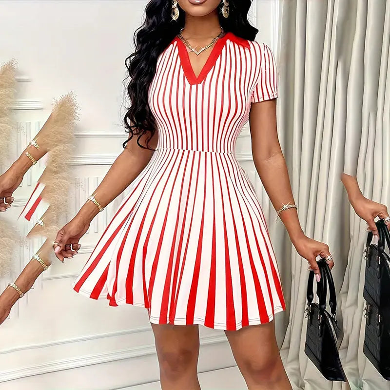Women's Polo Dress Elegant Striped V Neck Short Sleeve A Line Dresses Lady T Fashions