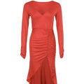 Ladies' V-neck Slim Fit Slit Fashionable Slimming Sexy Irregular Long Sleeved Mid Length Dress Lady T Fashions