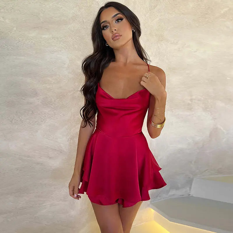 Sexy Suspender Skirt For Women Elegant Slim Strap Satin Backless Lace Up A-Line Short Dress Lady Lady T Fashions