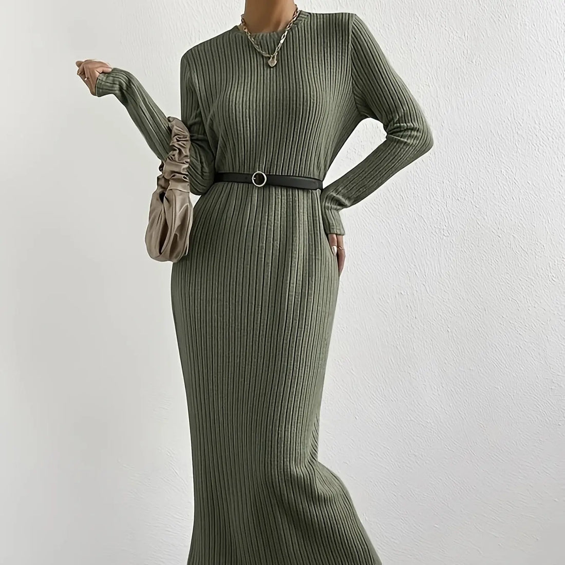 Women's Solid Color Ribbed Round Neck Long Sleeved Straight Tube Dress Lady T Fashions