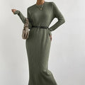 Women's Solid Color Ribbed Round Neck Long Sleeved Straight Tube Dress Lady T Fashions