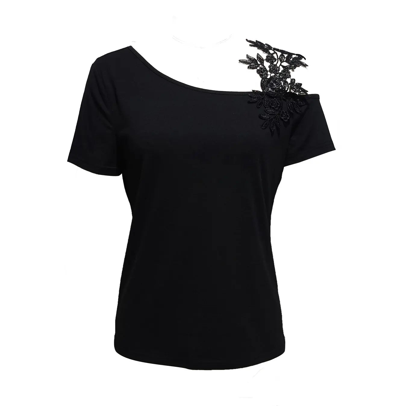 Ladies' Solid Color Lace Appliqu E Shoulder Strap Slanted Shoulder Collar Off Shoulder Elegant Design T-shirt Top Lady T Fashions