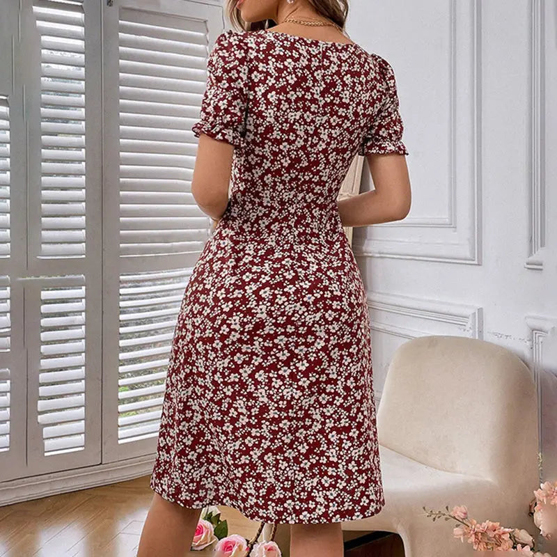 Women's Puff Sleeve Floral Midi Dress Elegant Square Neck Boho Side Split Dresses Lady T Fashions
