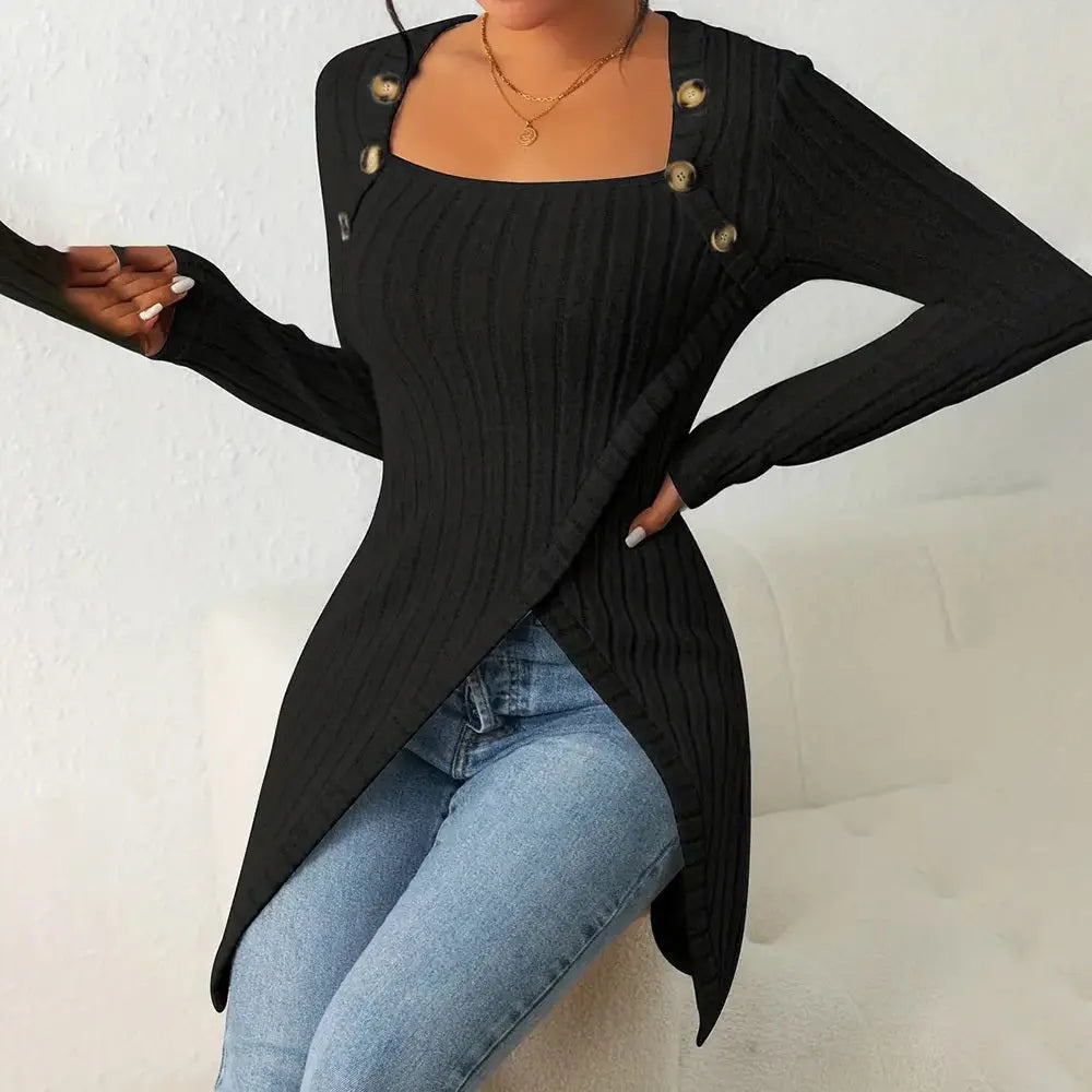 Elegant Women's Solid Color Slim-Fit Long Sleeve Top - Square Neck & Button Detail With Asymmetric Hem, Casual Fall&Spring Blouse Lady T Fashions
