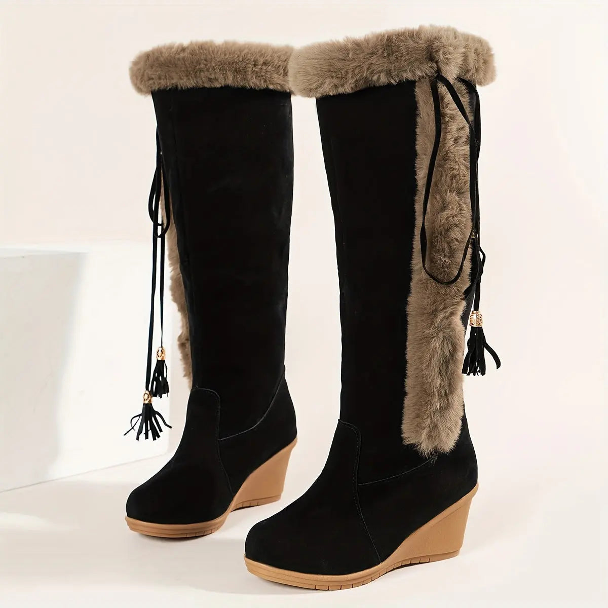 Women's Wedge Knee High Snow Boots, Plush Comfy Lace Up Round Toe Shoes, Winter Thermal Shoes Lady T Fashions