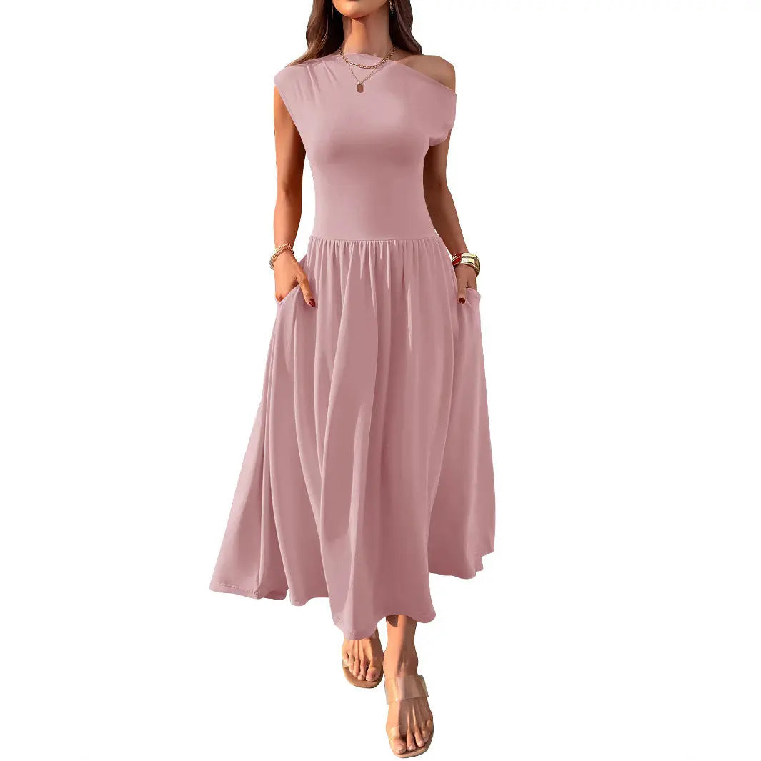 Slant Shoulder Sexy Waist Trimming Long With Pocket Dress Lady T Fashions