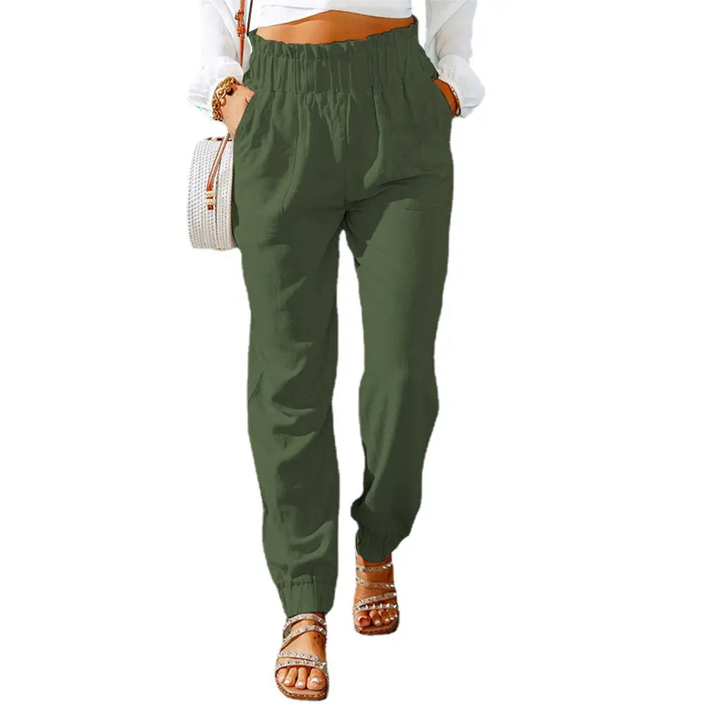 Ruffled Elastic Waistband High Waist Trousers Lady T Fashions