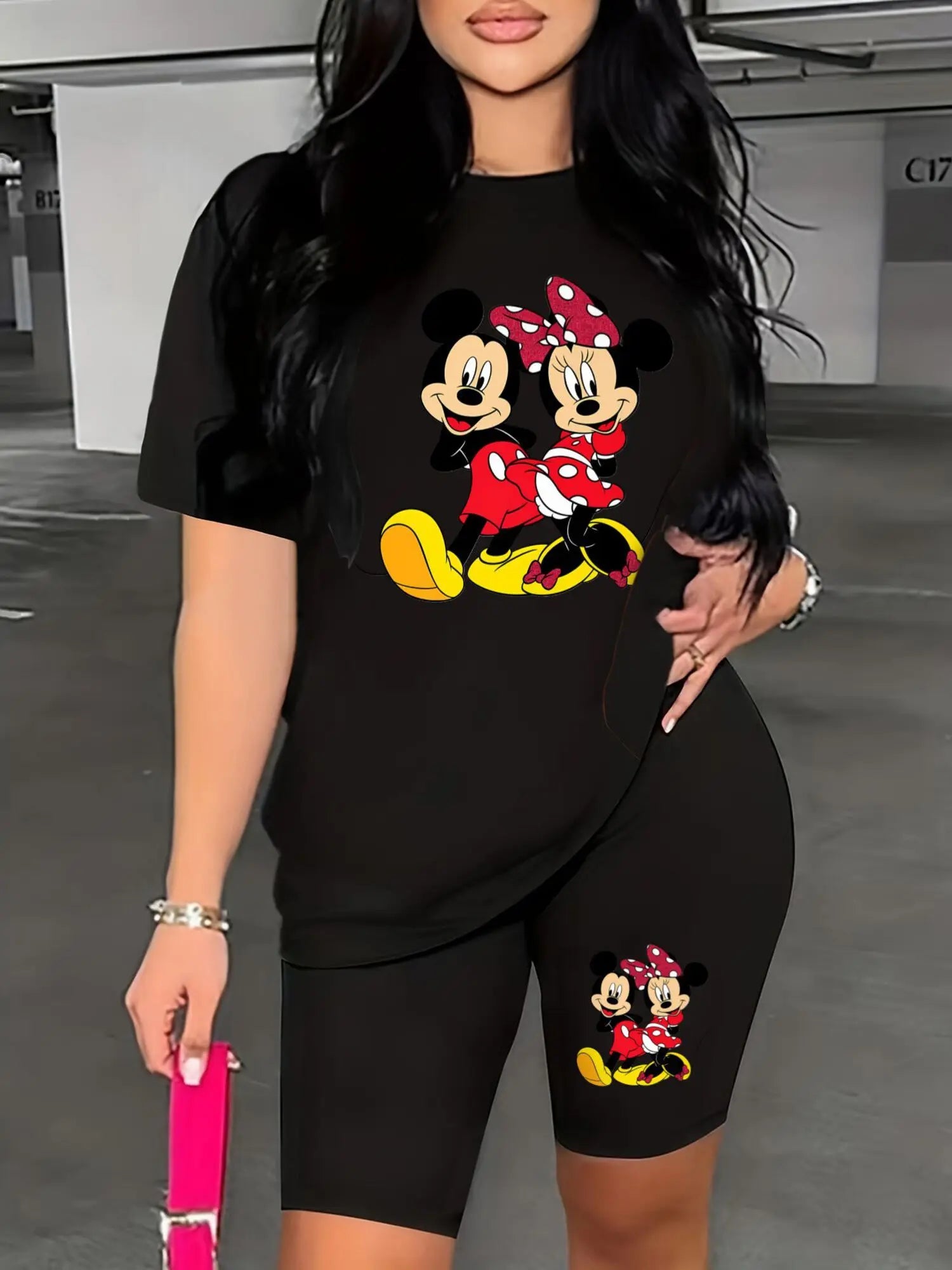 A Two-Piece Outfit Featuring a Printed Short-Sleeve T-Shirt with Dropped Shoulders And Cropped Leggings, Designed for Plus-Size Women, Licensed with Mickey And Minnie. Lady T Fashions