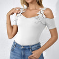 Ladies' Light V-neck Fashionable Casual Solid Color Lace Patchwork T-shirt Top Lady T Fashions