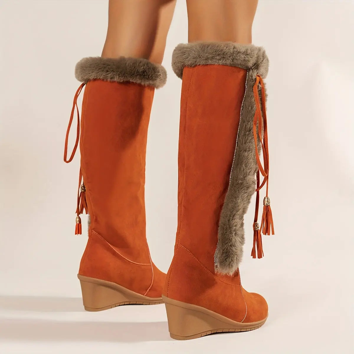 Women's Wedge Knee High Snow Boots, Plush Comfy Lace Up Round Toe Shoes, Winter Thermal Shoes Lady T Fashions