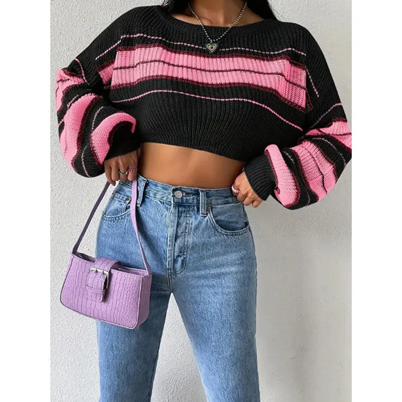 Women's Color Block Striped Sweater Crew Neck Lantern Sleeve Cropped Pullover Tops Lady T Fashions