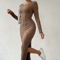 Women's Crew Neck Long Sleeve Ribbed Dress Side Slit Knit Bodycon Midi Dress Lady T Fashions