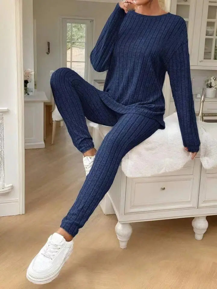 Fashion Casual Long Sleeve Split Irregular Round-neck Shirt Trousers Suit Lady T Fashions