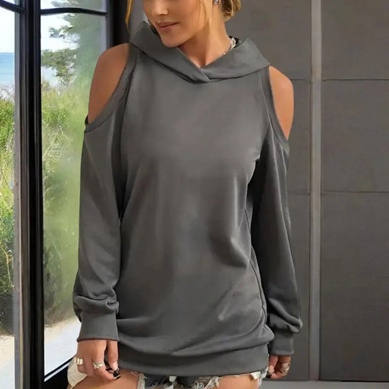 Women's Solid Color Long Sleeve Off-Shoulder Hoodie - Spring & Summer Fashion Casual Pullover Top Lady T Fashions