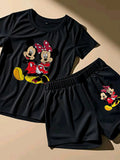 A Two-Piece Outfit Featuring a Printed Short-Sleeve T-Shirt with Dropped Shoulders And Cropped Leggings, Designed for Plus-Size Women, Licensed with Mickey And Minnie. Lady T Fashions