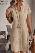Solid Notched Button Front Batwing Sleeve Shirt Dress Lady T Fashions