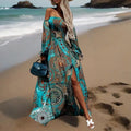 Women's Strapless Off-Shoulder Long Sleeve A-Line Dress - Bohemian Beach Maxi Dress With High Slit For Summer Vacation Lady T Fashions