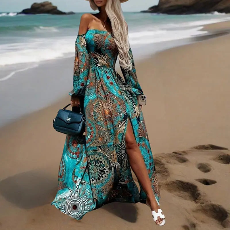 Women's Strapless Off-Shoulder Long Sleeve A-Line Dress - Bohemian Beach Maxi Dress With High Slit For Summer Vacation Lady T Fashions