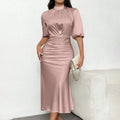 Women's Short Sleeve Mock Neck Ruched Midi Dress Slim Fit Elegant Party Dress Lady T Fashions