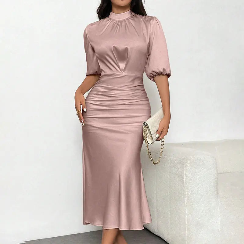 Women's Short Sleeve Mock Neck Ruched Midi Dress Slim Fit Elegant Party Dress Lady T Fashions