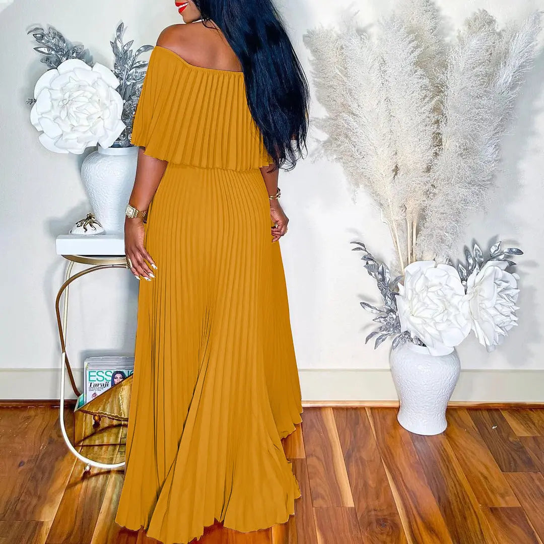 Women's Sexy Off-shoulder Pleated European And American Style Dress Lady T Fashions