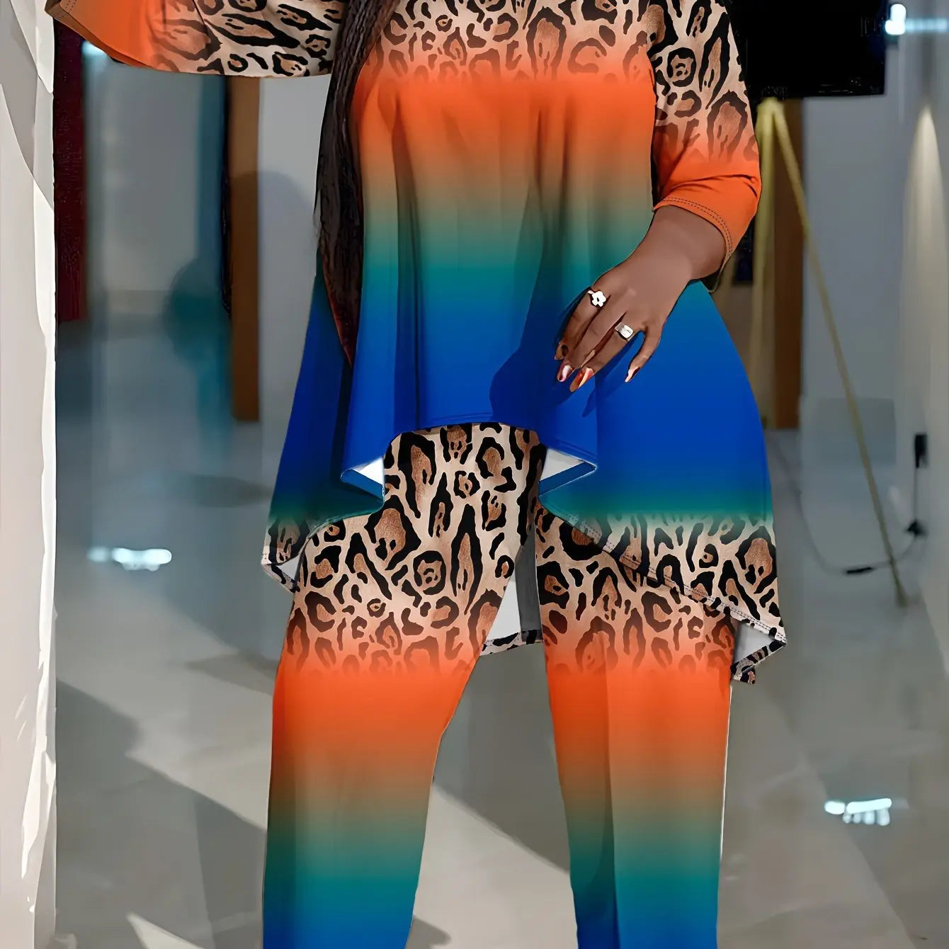 Plus Size Leopard Print Two-Piece Set - Classic Crew Neck Long Sleeve Top & Coordinating Pants Outfits for a Chic Look - Designed for Plus Size Women, Womens Fashion Clothing Collection Lady T Fashions