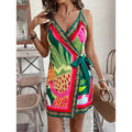 Women Spaghetti Strap Summer Dress V Neck Wrap Waist Tie Casual Beach Sundress Holiday Vacation Mini Dress Lady T Fashions