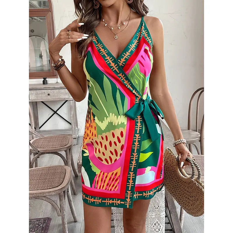 Women Spaghetti Strap Summer Dress V Neck Wrap Waist Tie Casual Beach Sundress Holiday Vacation Mini Dress Lady T Fashions