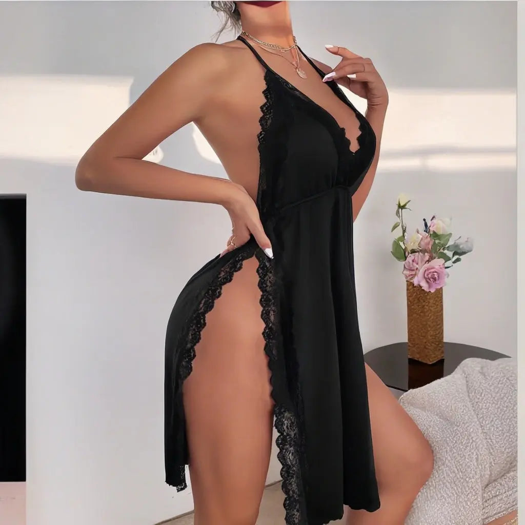 Elegant Women's Black Lace Slit Dress - Deep V-neck Lace Hem, Halter Thigh High Strap Pajamas, Soft Polyester And Spandex Blend, Perfect For Pajamas Or Evening Wear, Lace Dress Lady T Fashions