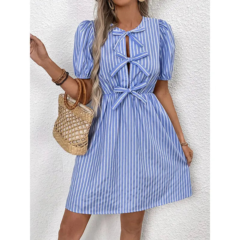 Women's Striped Tie Front Puff Sleeve Summer Casual Mini Dresses Loose Flowy Sundress Lady T Fashions