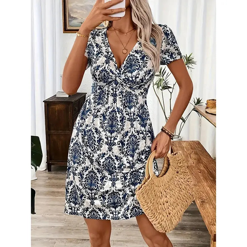 Women's Vibrant Leopard Print Twist Front V Neck Casual Summer Short Sleeve Bodycon Mini Dresses Lady T Fashions