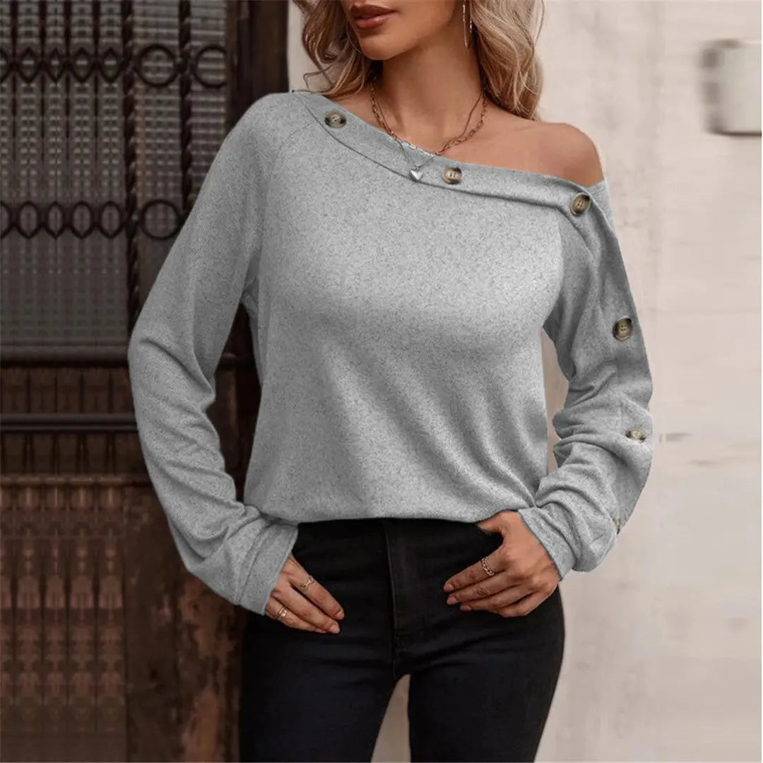 Women's Stylish Buttoned Off Shoulder Long Sleeve Top Lady T Fashions
