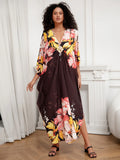 Plus Size Floral Print Dress - Elegant V-Neckline, Flowy Batwing Sleeves, Effortless Casual Style - Designed for Plus-Size Women, Ideal for Ramadan Celebrations and Everyday Wear Lady T Fashions