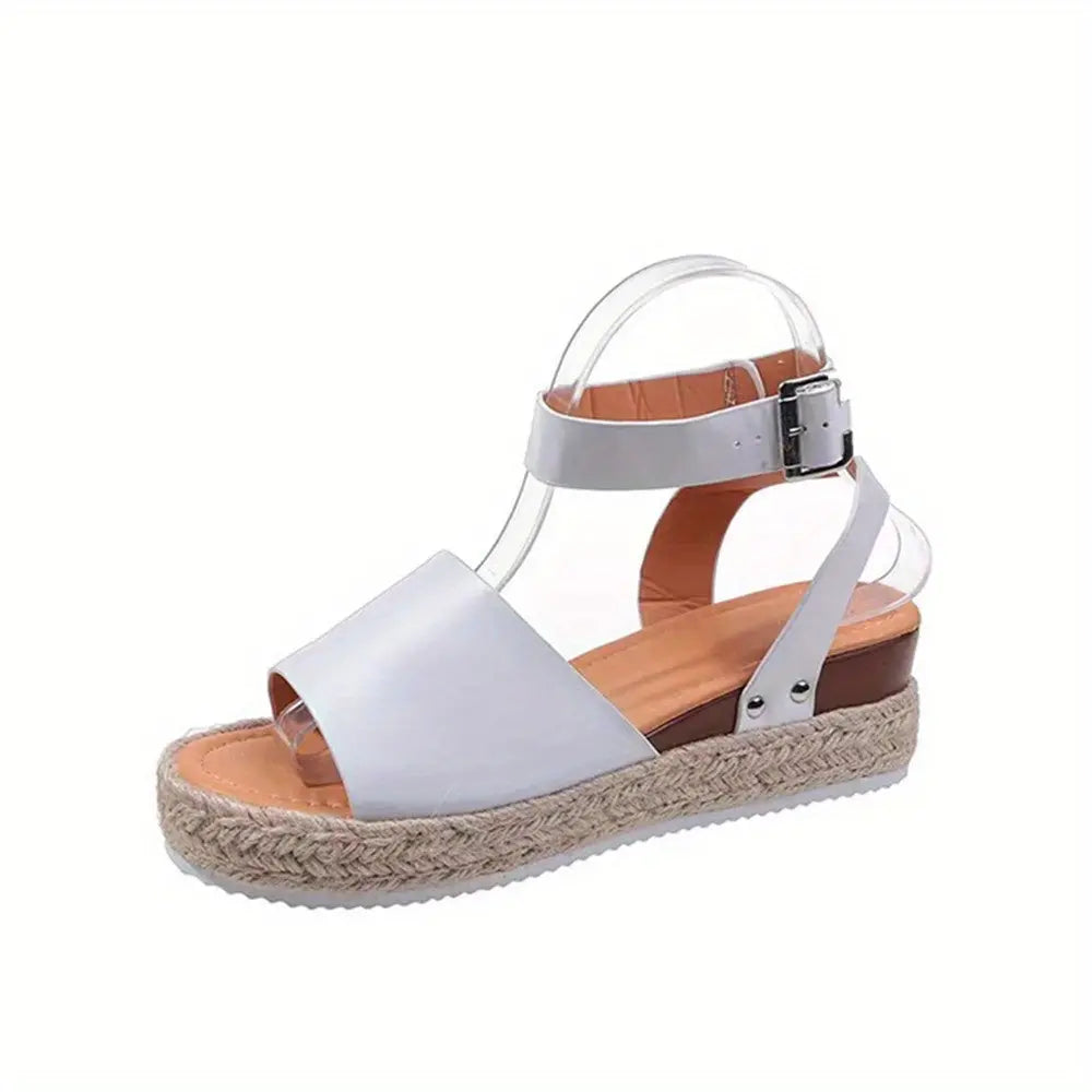 Mid Heel Platform Espadrille Sandals - Buckle Ankle Strap, Open Toe, Lightweight, Non Slip, Faux Leather Upper, PU Sole, Comfortable, Casual, Solid Color, Summer Shoes for Women Lady T Fashions