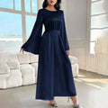 Elegant Round Neck Solid Color Flared Maxi Dress Long Sleeve With Pearl Cuff Detail, Modest A-Line Middle Eastern Abaya Party & Vacation Dress For Women Lady T Fashions