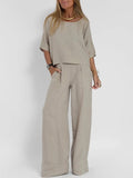 Women's Cotton And Linen Casual Cropped Sleeves Wide-leg Pants Suit Lady T Fashions