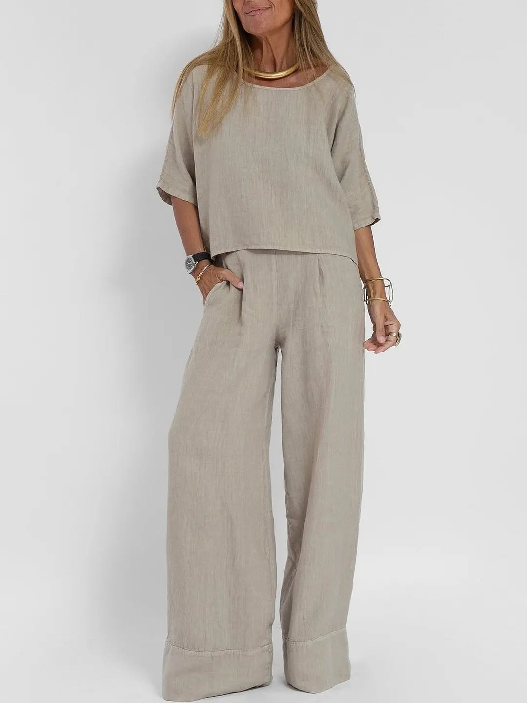 Women's Cotton And Linen Casual Cropped Sleeves Wide-leg Pants Suit Lady T Fashions