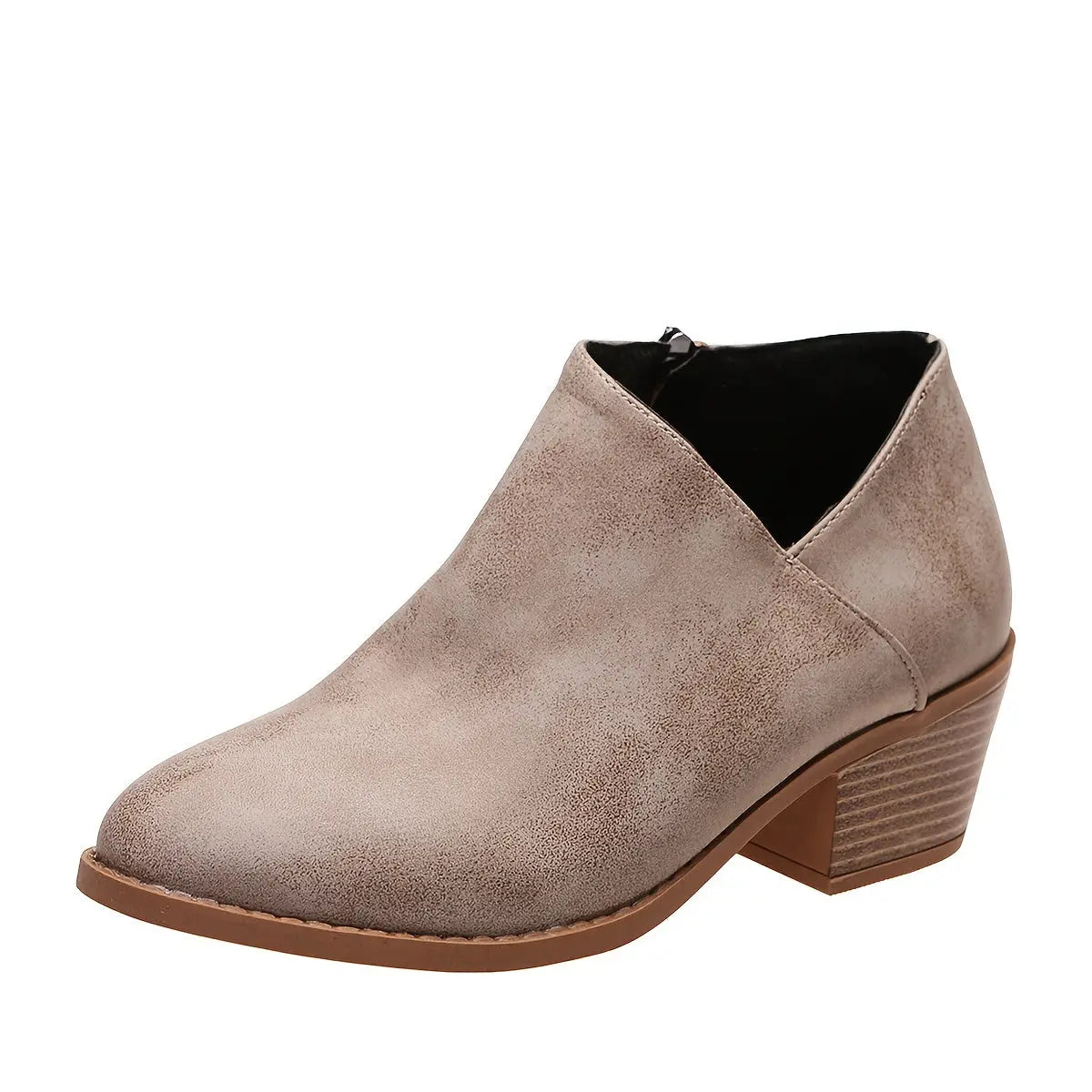 Ankle Stacked Heel Women's Short Boots with V Cut Side Zipper and Non Slip Sole Lady T Fashions