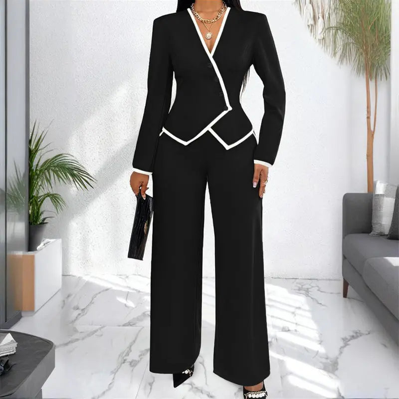 Women's Two-Piece V-Neck Long Sleeve Blouse With Contrast Trim & Straight Leg Wide Pants Set - Office Wear Suit For Spring&Fall Lady T Fashions