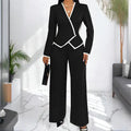 Women's Two-Piece V-Neck Long Sleeve Blouse With Contrast Trim & Straight Leg Wide Pants Set - Office Wear Suit For Spring&Fall Lady T Fashions