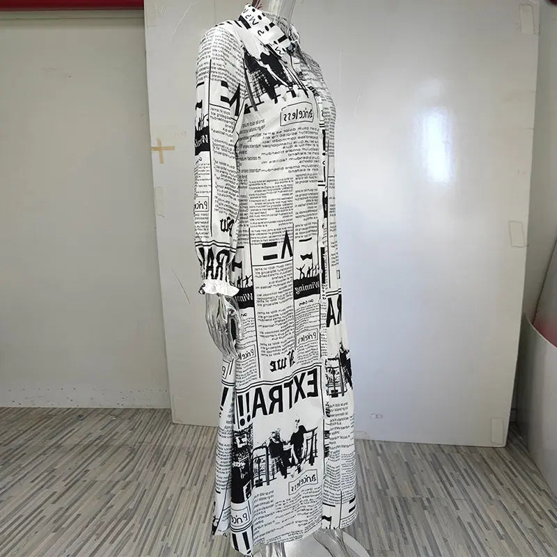 Women's Long Sleeve Newspaper Print Shirt Dress Button Down Casual Long Dress Lady T Fashions