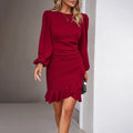 Women's Solid Color Bohemian Puff Sleeve Dress - Slim Fit Round Neck Long Sleeve Dress For Casual & Semi-Formal Occasions Lady T Fashions