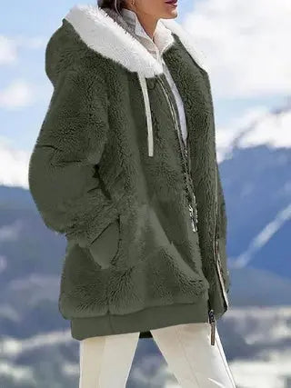 Fall And Winter Loose Plush Long Sleeves With Zippered Pockets And Hooded Warm Jacket Lady T Fashions