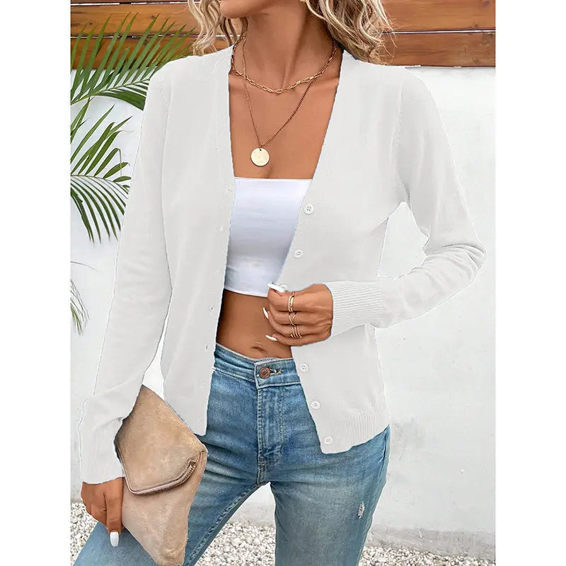 Women's Long Sleeve V-Neck Button Down Cardigan Knit Shrugs Sweater Lady T Fashions