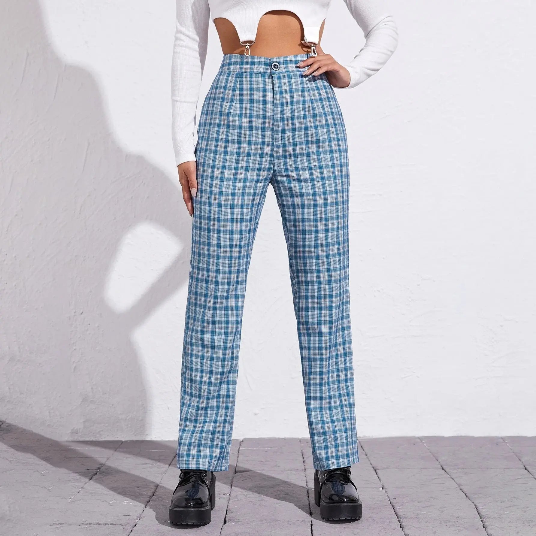 Mid-rise Plaid Print Temperament Commuting Literary Style Slightly Flared Wide-leg Pants Trousers Casual Pants Lady T Fashions
