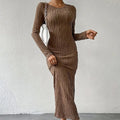 Women's Crew Neck Long Sleeve Ribbed Dress Side Slit Knit Bodycon Midi Dress Lady T Fashions