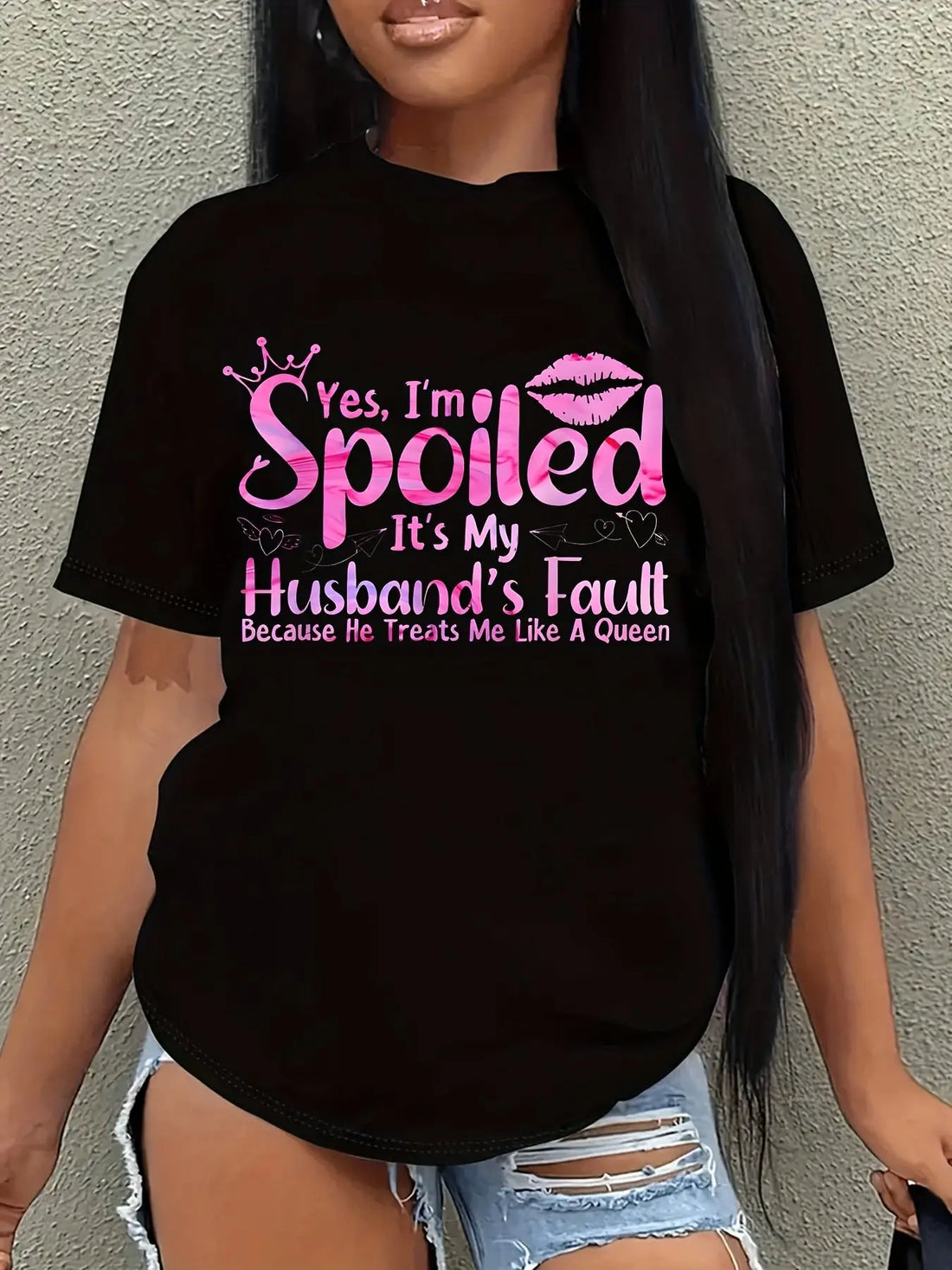 [Comfortable T-shirt] Comfortable Plus Size Women Yes, I Am Spoiled And It's My Husband's Fault Print T-shirt | Breathable, Soft, Letter Patterned, Casual Short-sleeved Top For Summer Everyday Wear Lady T Fashions