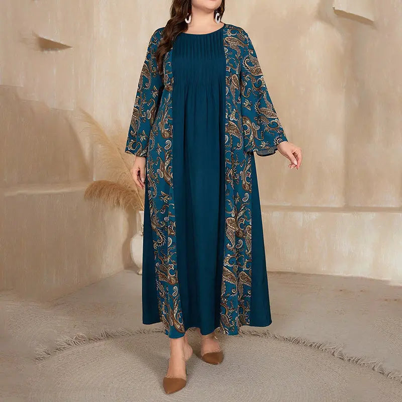 Women's Plus Size Bohemian Floral Printed Maxi Dress, Pleated Front Long Sleeve Crew Neck Loose Fit Lady T Fashions