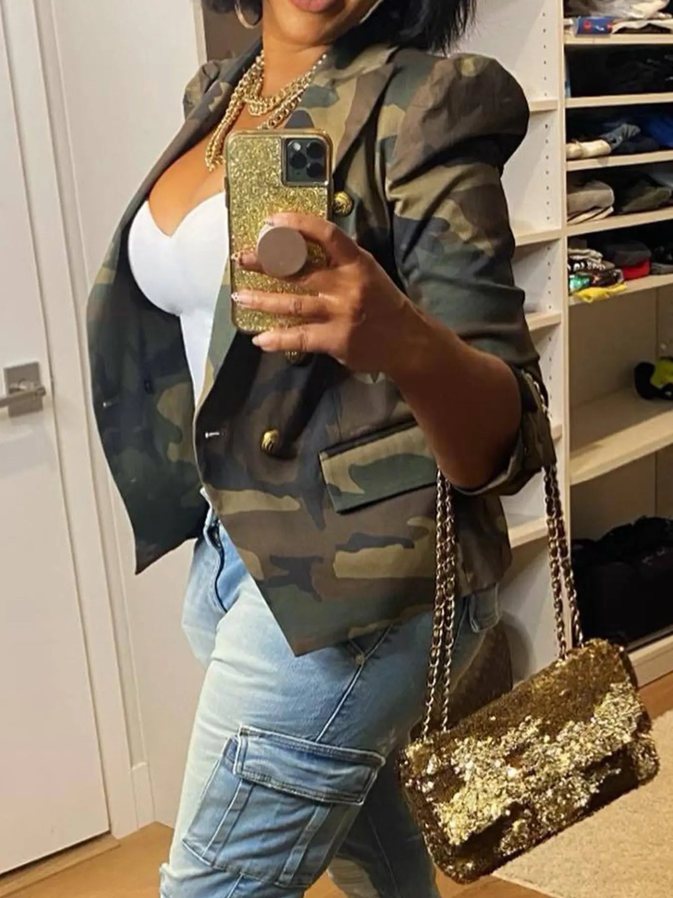 Elegant Women's Camo Print Jacket - Chic Double-Breasted, Long Sleeve Outerwear With Flap Pockets, Polyester, Perfect For Spring-Fall, Cute Jacket Amazon Does Not Sell Lady T Fashions