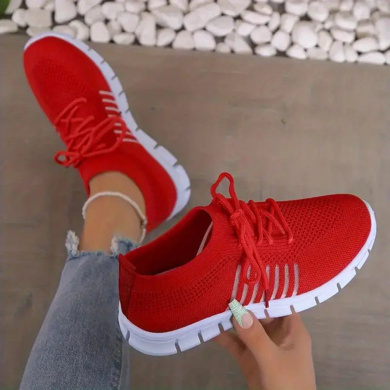 Women's Mesh Breathable Running Shoes, Solid Color Lace Up Front Summer Walking Shoes, Flying Woven Casual Sneakers Lady T Fashions